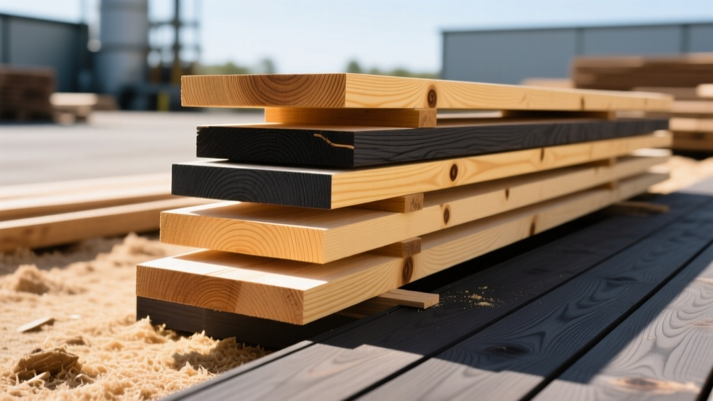 Close-up of pressure-treated Southern Yellow Pine planks stacked beside dark thermally modified ash decking in a sunlit lumber yard