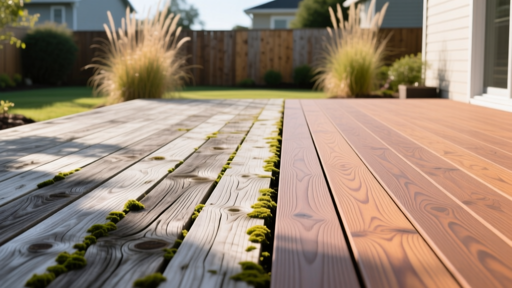 Side-by-side comparison of weathered pressure-treated pine deck boards and pristine entry-level capped composite decking on a suburban backyard patio