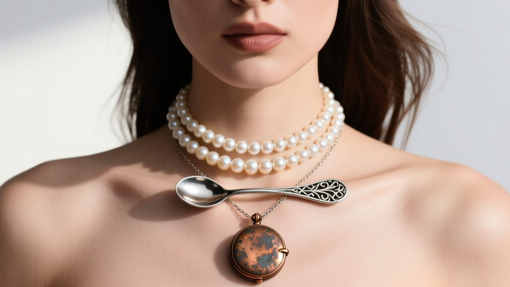A model wearing a 16-inch tiny spoon pendant layered with a 14-inch freshwater pearl choker and an 18-inch oxidized locket.