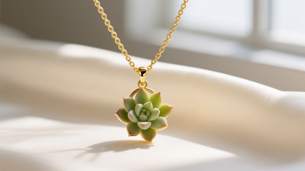 Close-up of a 14k yellow gold baby cable chain necklace with a detailed Crassula succulent leaf pendant on ivory silk.