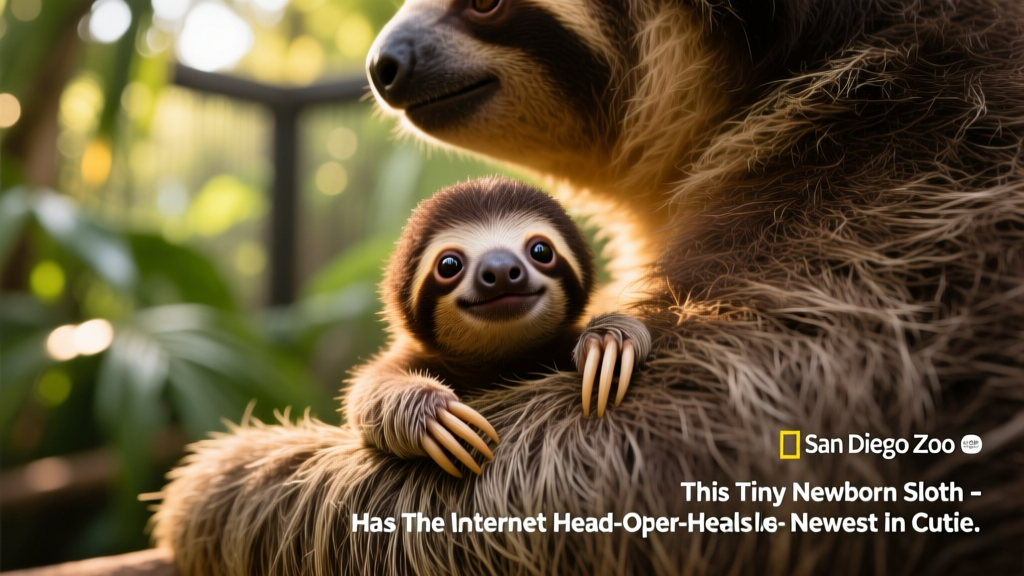 Baby sloth peeking out from behind its mother's shoulder, eyes wide and curious