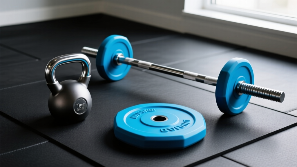 Flat-lay of gym pendants: a tungsten kettlebell, titanium barbell, and silicone weight plate resting on a dark rubber gym mat.