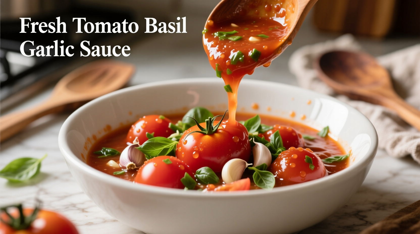 Fresh tomato basil garlic sauce in white ceramic bowl