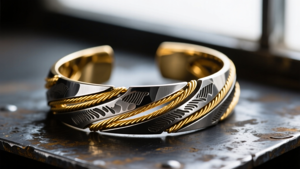 Macro photography showing the hammered texture of 24k gold wire embedded into chiseled grooves of oxidized Toledo steel jewelry.