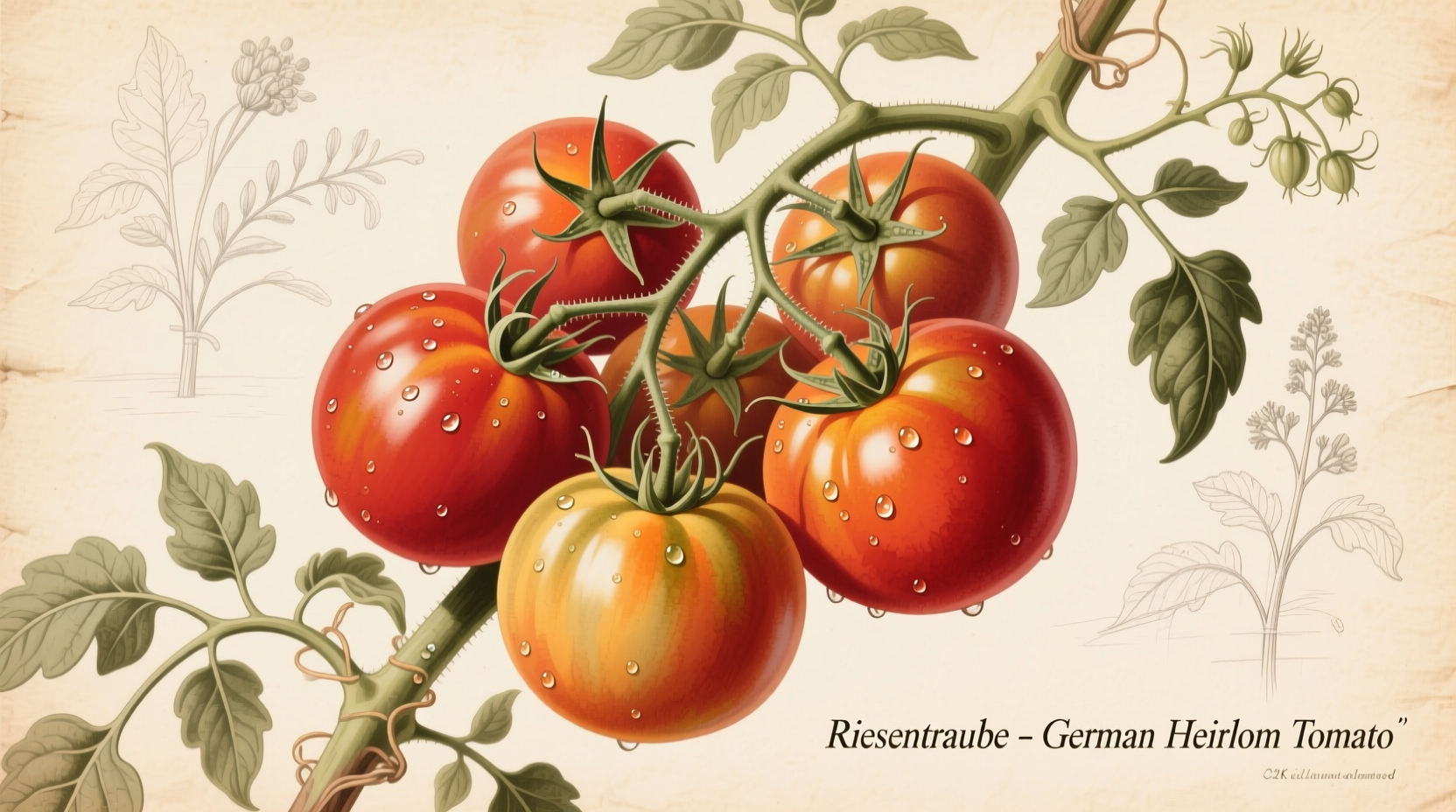 Riesentraube tomato clusters on vine