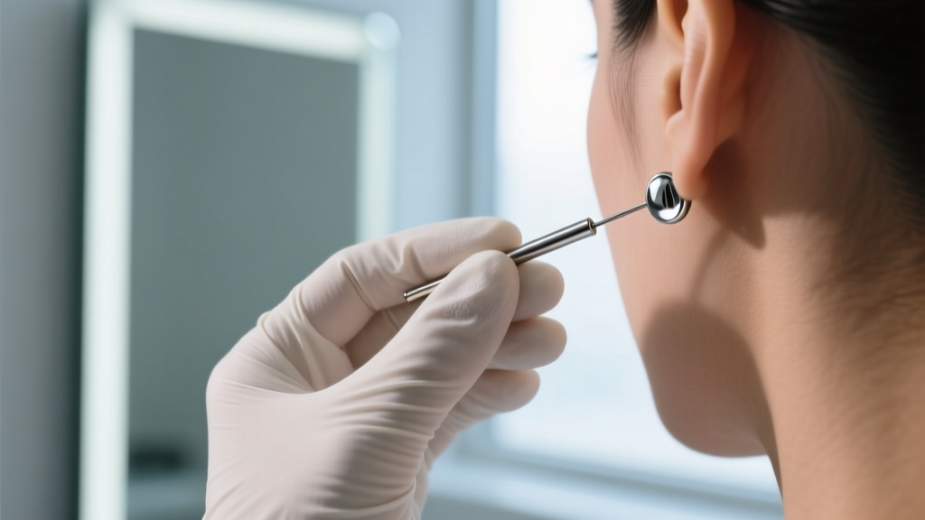 Close-up of a gloved hand holding a 20-gauge titanium earring post, demonstrating safe removal technique against a blurred mirror