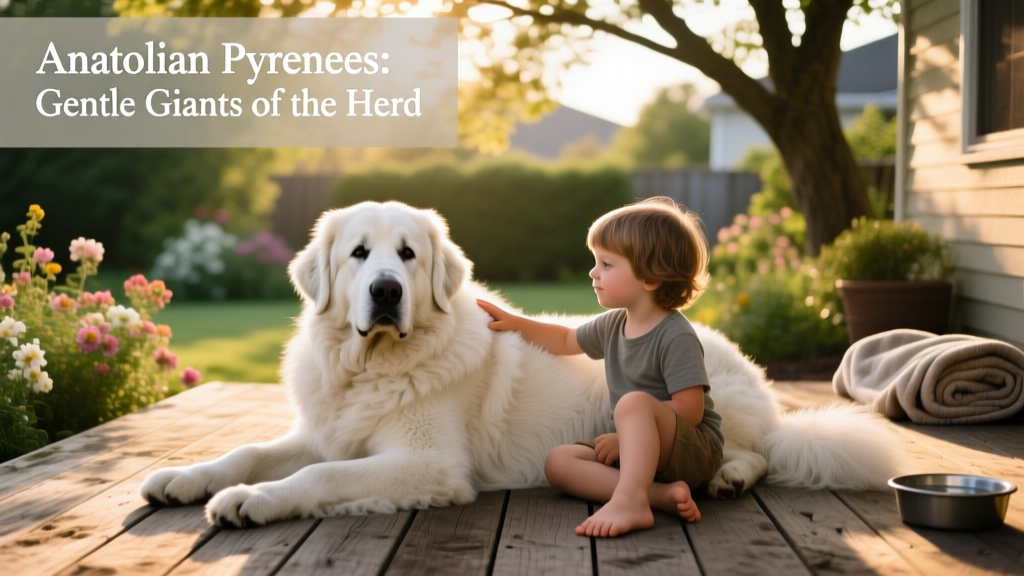 An adult Anatolian Pyrenees lying calmly beside a child on a backyard deck, both relaxed and comfortable