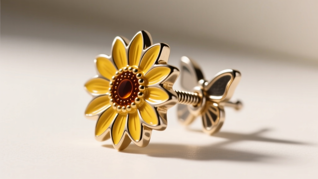 Macro shot of a 20-gauge titanium post on a Sunflower enamel stud, highlighting the secure metal butterfly clutch earring backing.
