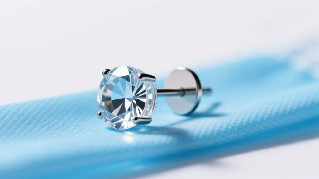 Macro shot of a clear glass ear stud with flat disc backing resting on a sterile blue medical drape under bright studio lighting
