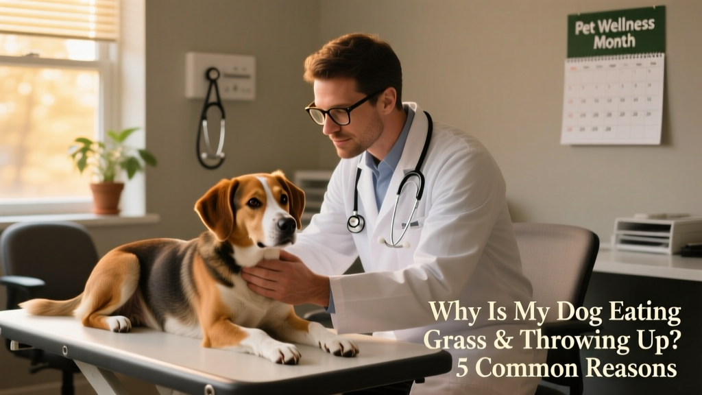 Veterinarian gently examining a calm dog during an office visit