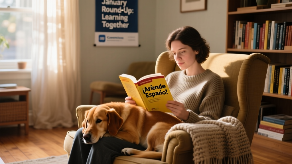 A relaxed dog curled up beside a person holding a Spanish textbook, both seemingly focused on the lesson — soft lighting, cozy indoor setting