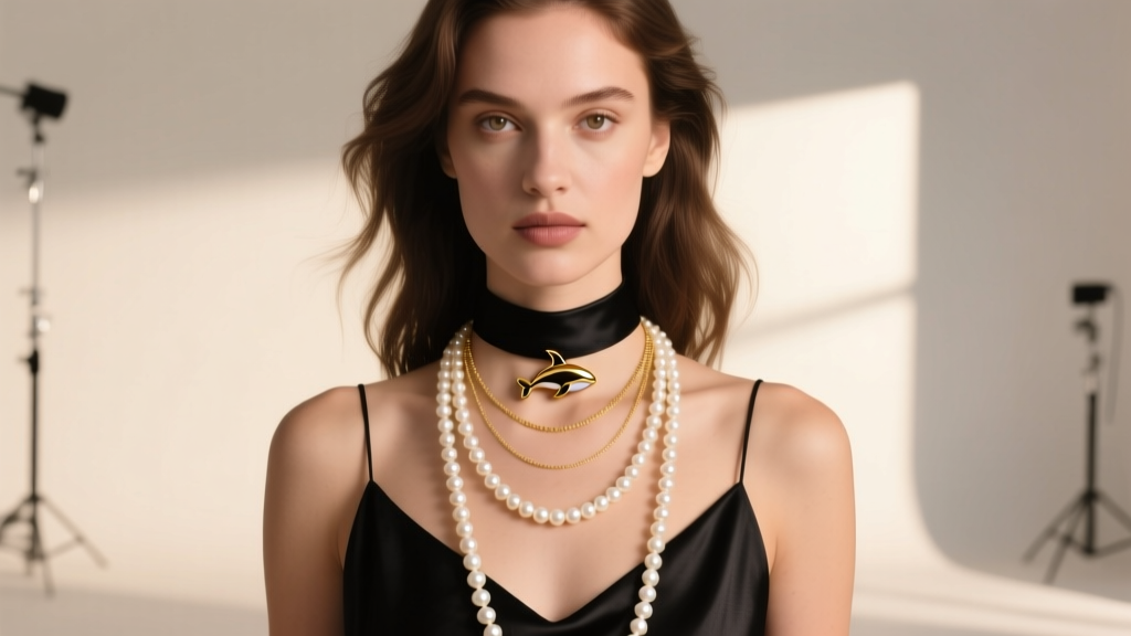 Model wearing layered necklaces with a small 14k gold orca pendant on a 16-inch choker and a longer 20-inch baroque pearl strand