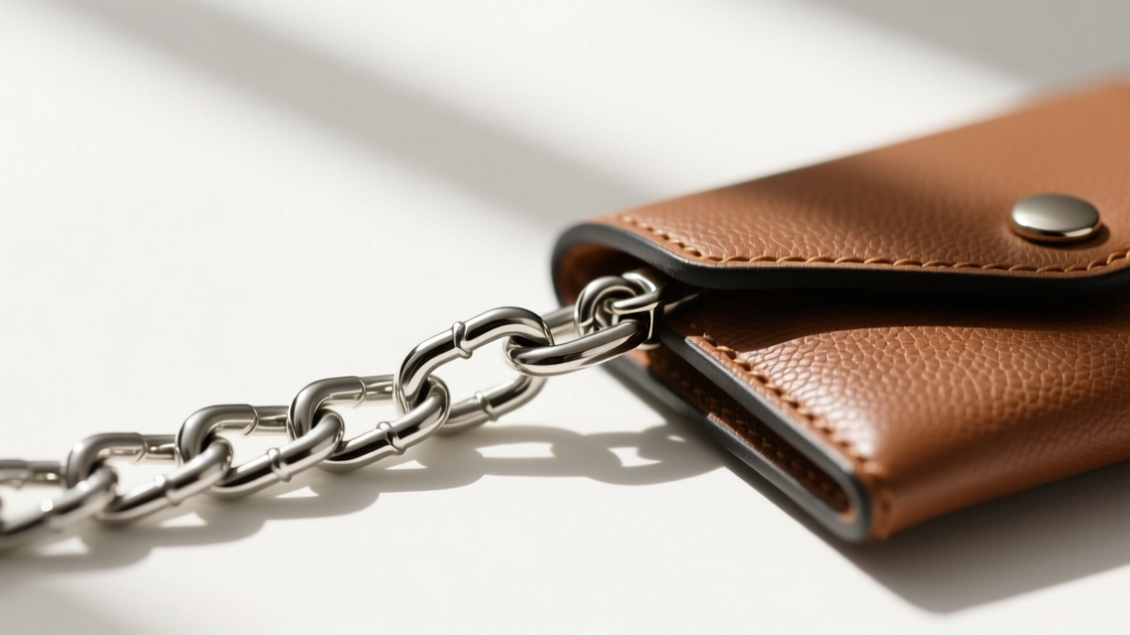 Macro photography of a 4mm 316L stainless steel curb chain connecting to a vegan leather card pouch via a secure lobster clasp.