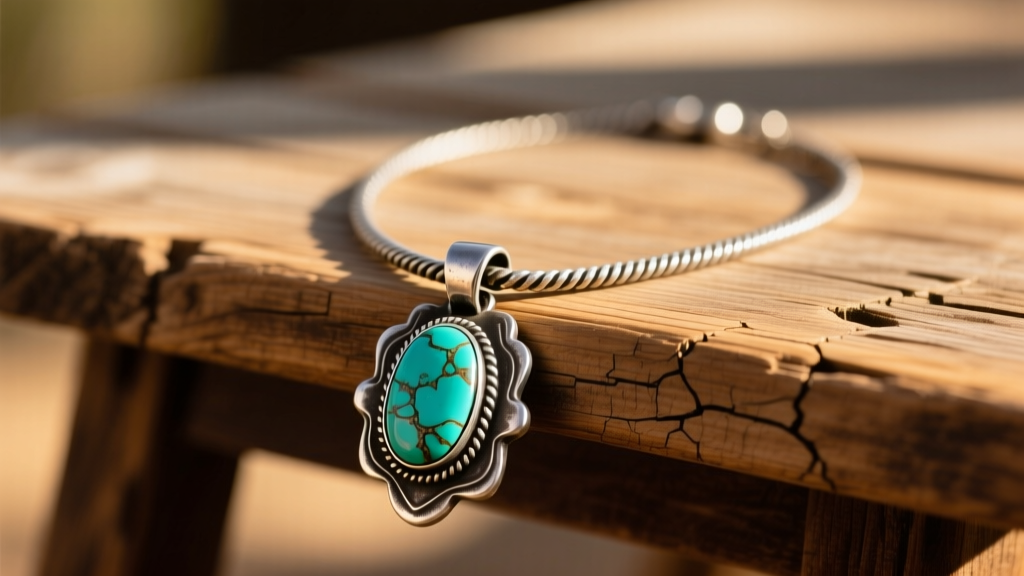 Close-up of a vintage cowboy necklace with a turquoise pendant in oxidized silver on a weathered wooden table in warm light.