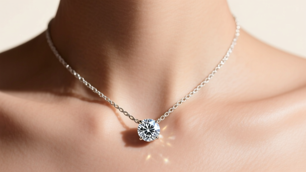 Close-up of a one-carat round solitaire diamond pendant on an 18-inch white gold cable chain resting softly on a bare collarbone.