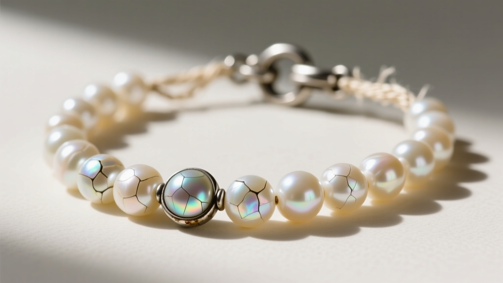 Macro shot of damaged freshwater coin pearl necklace showing chipped nacre and frayed silk thread near a tarnished silver clasp