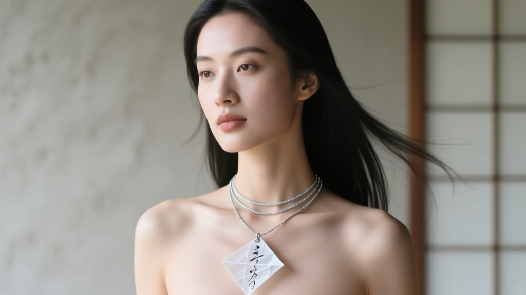 Model wearing a layered stack with a Washi paper pendant and a delicate silver micro-chain in a high-fashion editorial portrait.