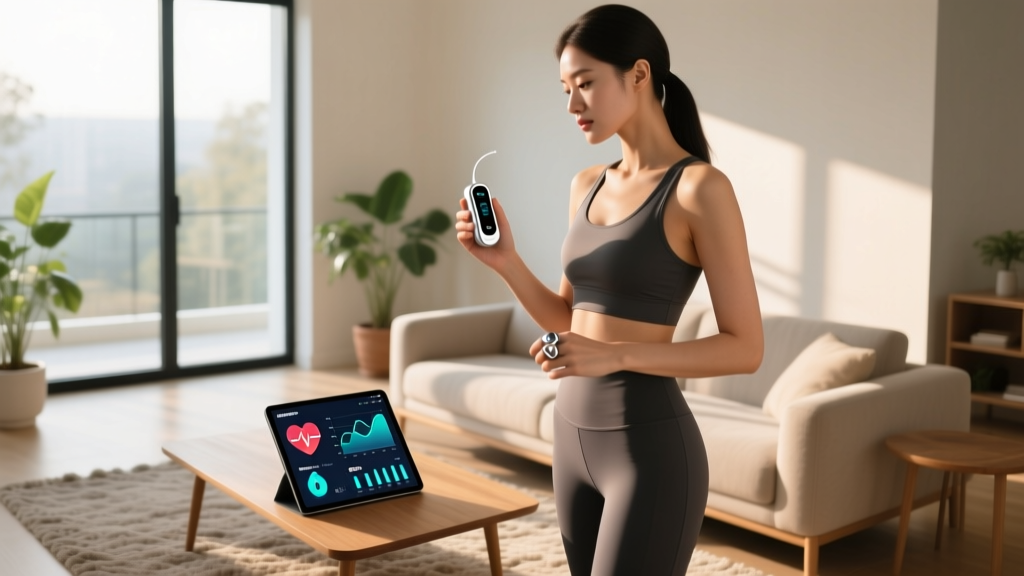 A woman in athletic wear holding a metallic smart ring and a breath analyzer device, looking thoughtfully at a tablet displaying wellness analytics in a sunlit living room.