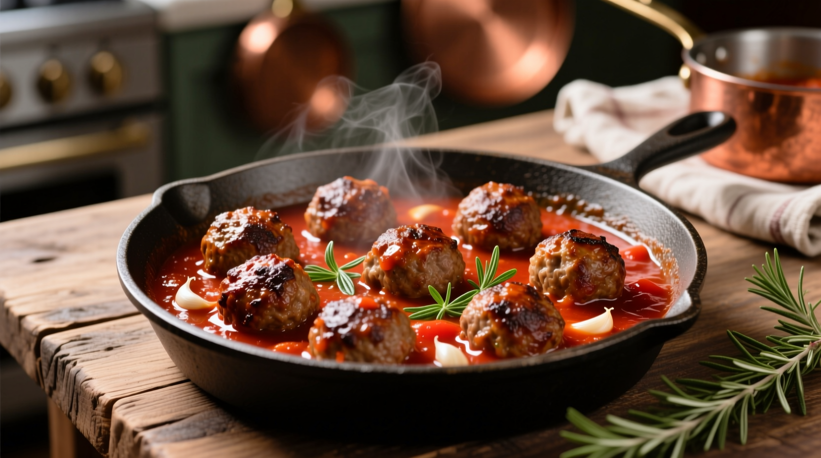 Perfectly browned meatballs simmering in tomato sauce