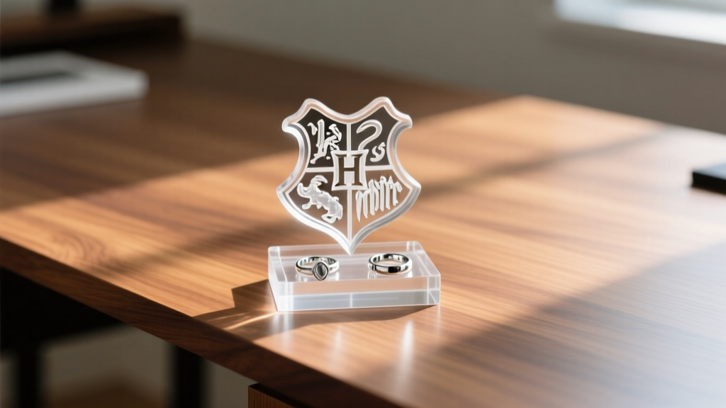 A beautifully lit wooden desk featuring a resin Harry Potter jewelry holder shaped like the Hogwarts crest, adorned with silver rings.