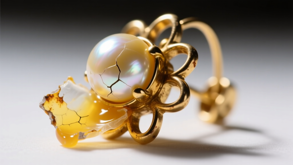 Macro shot of yellowed glue under a loose pearl on a vintage gold-filled cluster earring, revealing typical adhesive failure.