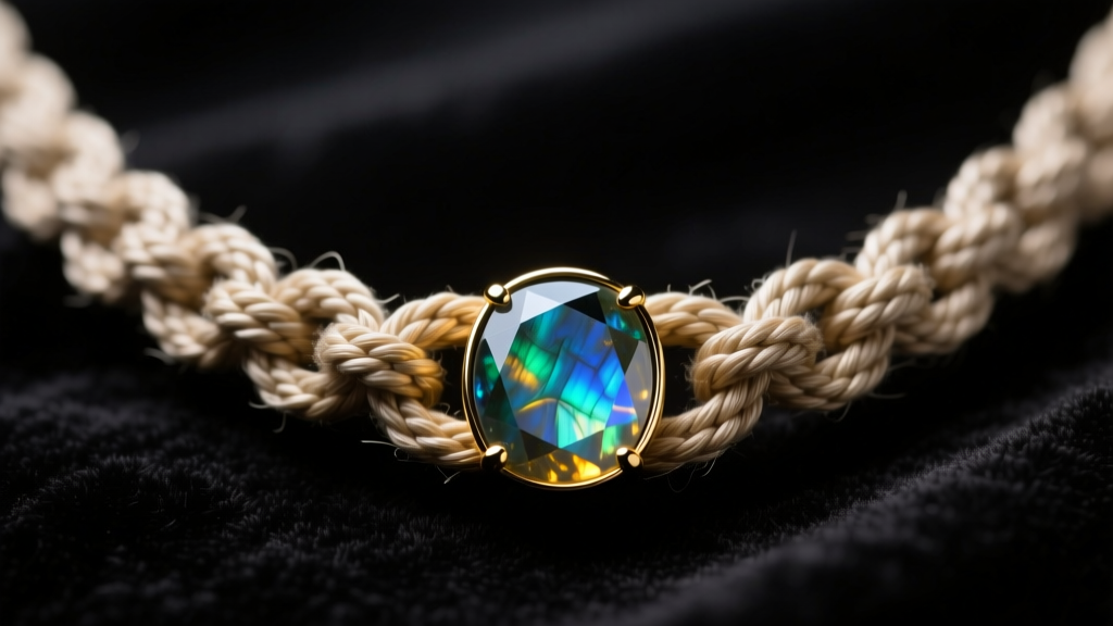 Macro shot of an Isaac friendship necklace with waxed polyester micro-macrame knots and a bezel-set labradorite on dark velvet