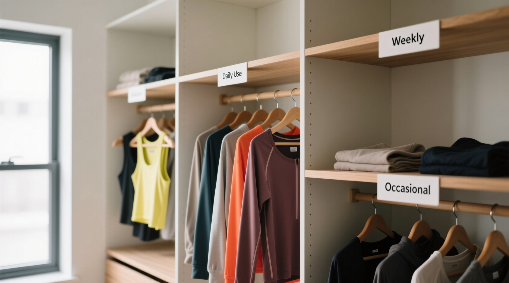 closet organization tips workout clothes by frequency