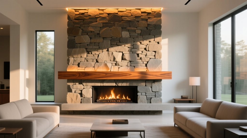Modern living room featuring a floor-to-ceiling dry stack stone veneer fireplace with a floating walnut mantel and warm LED uplighting accentuating the mortarless stone joints