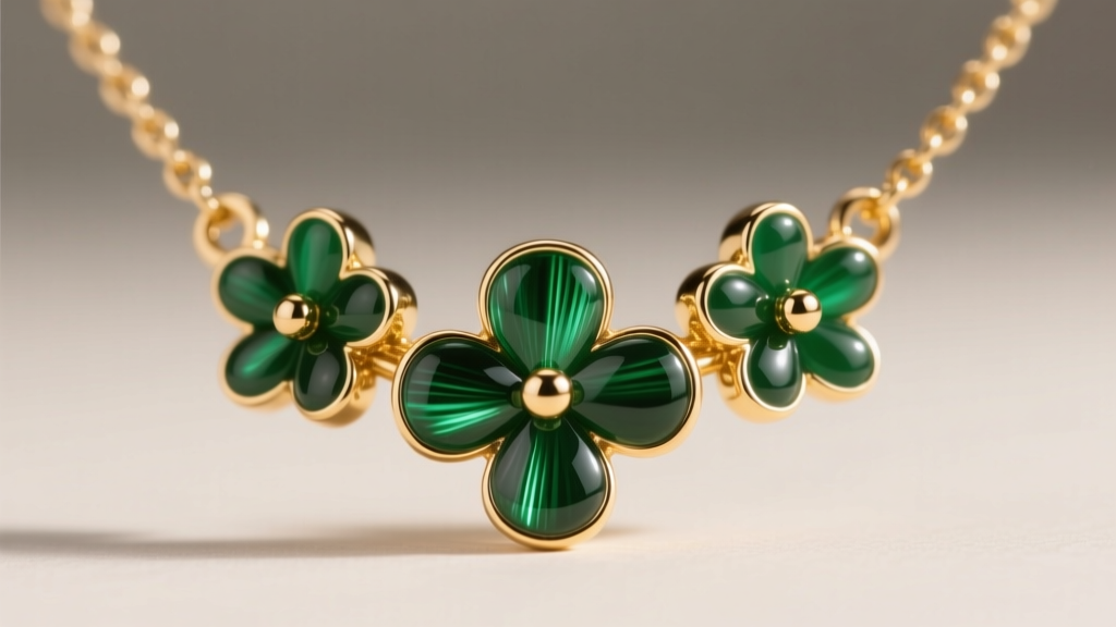 Extreme close-up macro shot of a Kate Spade gold-plated brass necklace featuring glossy emerald green epoxy resin floral details