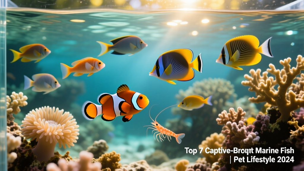A vibrant reef aquarium showcasing several captive-bred marine fish swimming among live corals