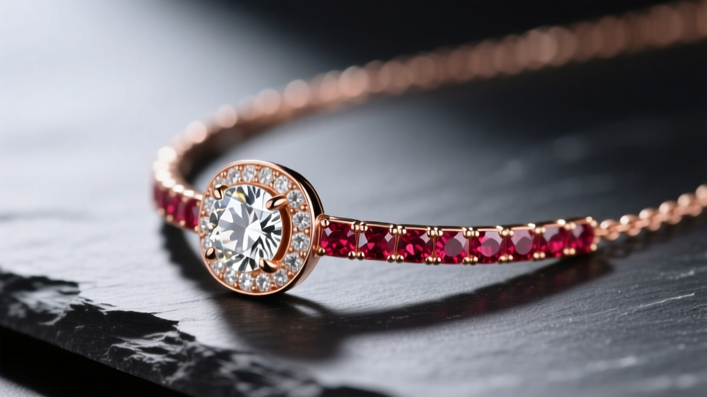 Macro side profile of a bezel-set lab-grown diamond and ruby birthstone necklace on dark slate, highlighting 18k rose gold.