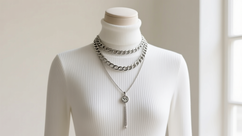 A 67cm silver curb chain layered with a 45cm choker and 55cm pendant on a mannequin in a white ribbed turtleneck, soft daylight