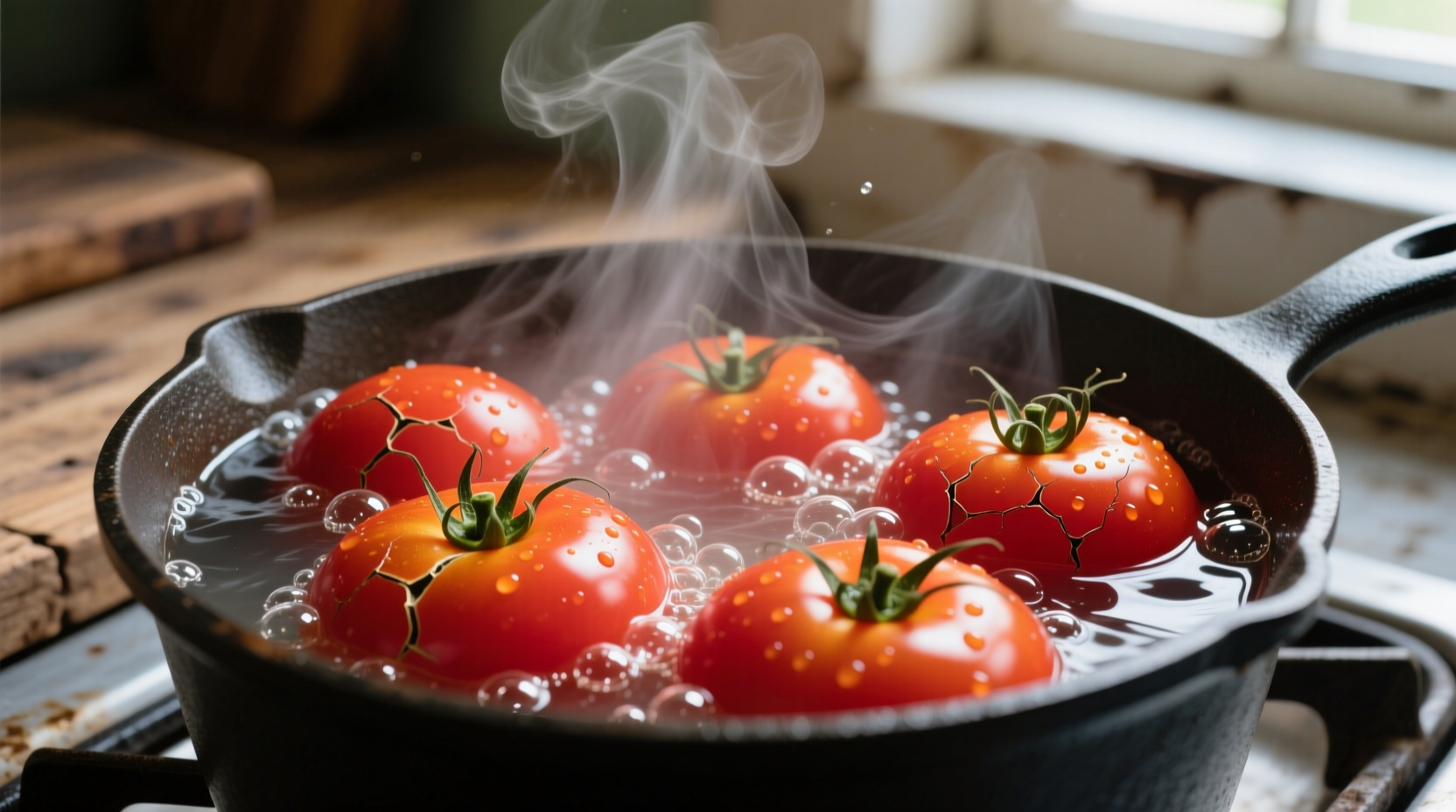 Tomatoes in boiling water during blanching process