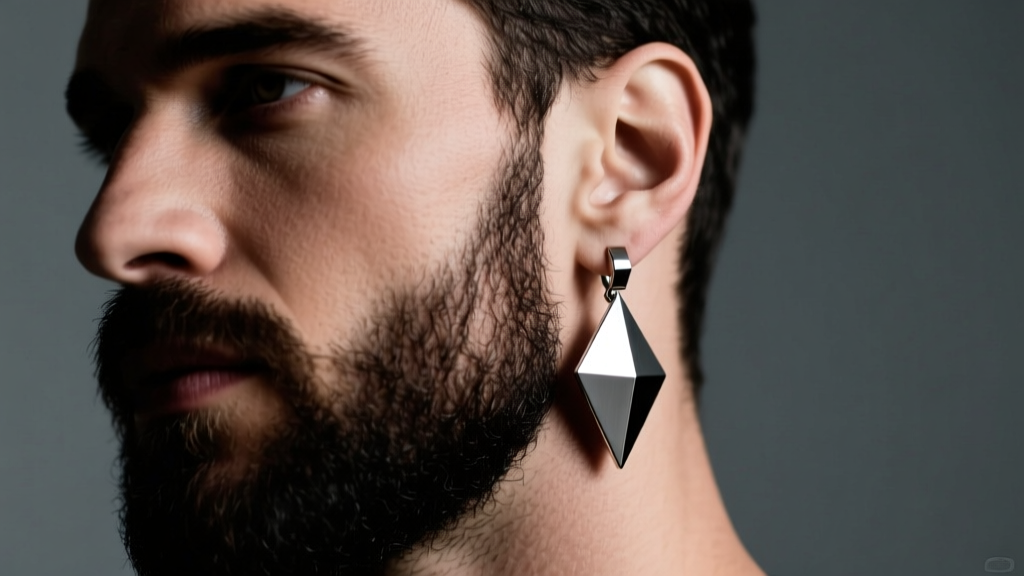 Bearded man wearing a matte titanium geometric dangle earring, moody studio lighting, sharp focus on the earlobe and jawline.