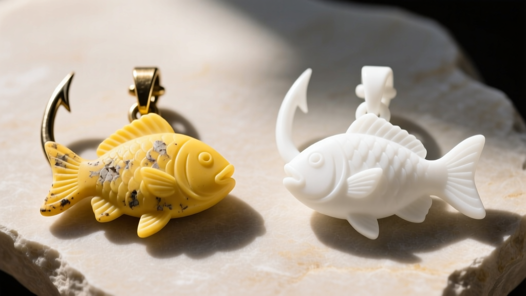 Side-by-side comparison of a yellowed 3D printed resin fishhook pendant and a restored bright white version under natural sunlight