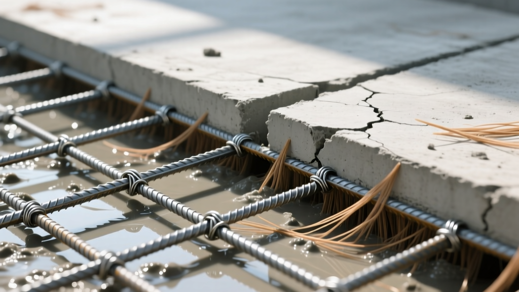 Cross-section of a concrete slab showing a grid of #4 steel rebar tied together alongside scattered macro-synthetic fibers in the wet mix