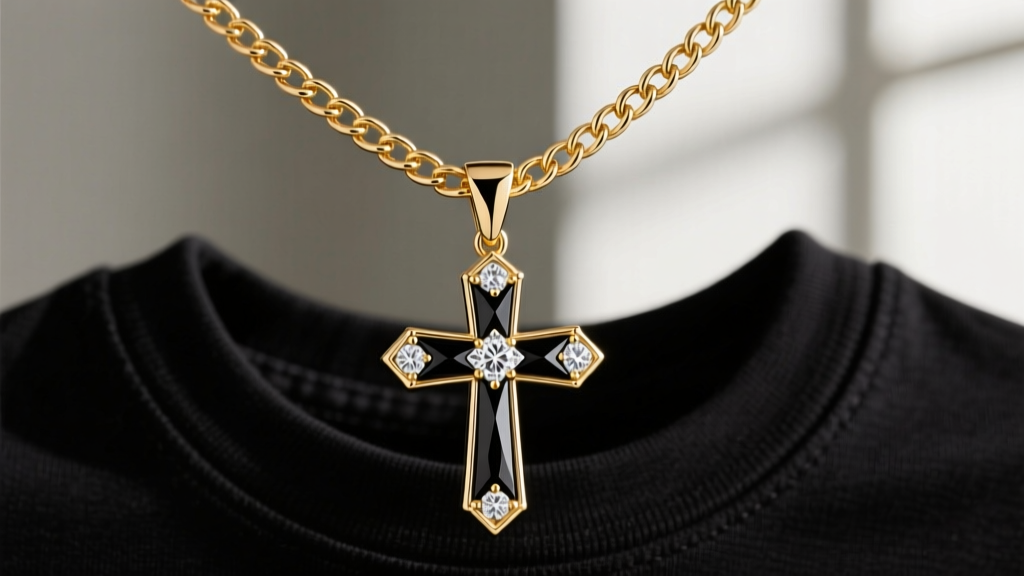 Close-up of a 3mm gold curb chain through a tapered bail on a black and gold diamond cross pendant worn over a black t-shirt