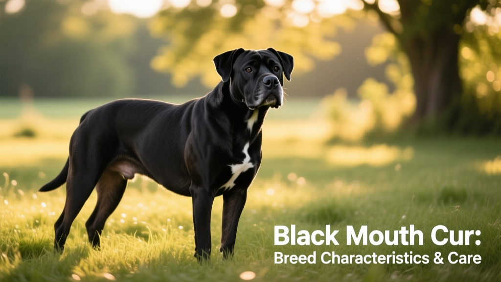 A black mouth cur sitting calmly in sun-dappled grass, showcasing its muscular build and characteristic black muzzle