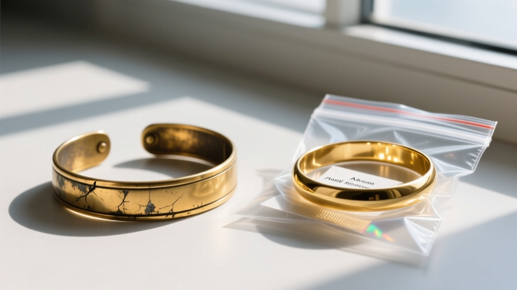 Worn gold-filled bracelet showing exposed brass core next to a pristine piece stored in a ziplock bag with anti-tarnish strips
