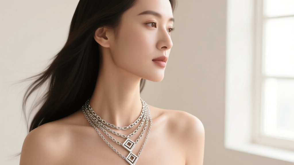 Side profile of a woman wearing a layered sterling silver V