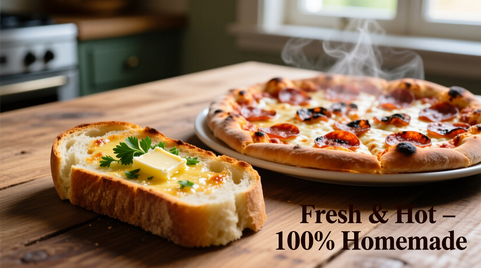 Freshly baked garlic bread slices next to pepperoni pizza