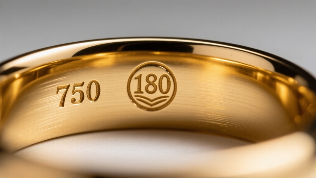 Macro shot of a vintage 18k gold signet ring interior band showing crisp 750 and maker mark stamps under bright LED lighting.