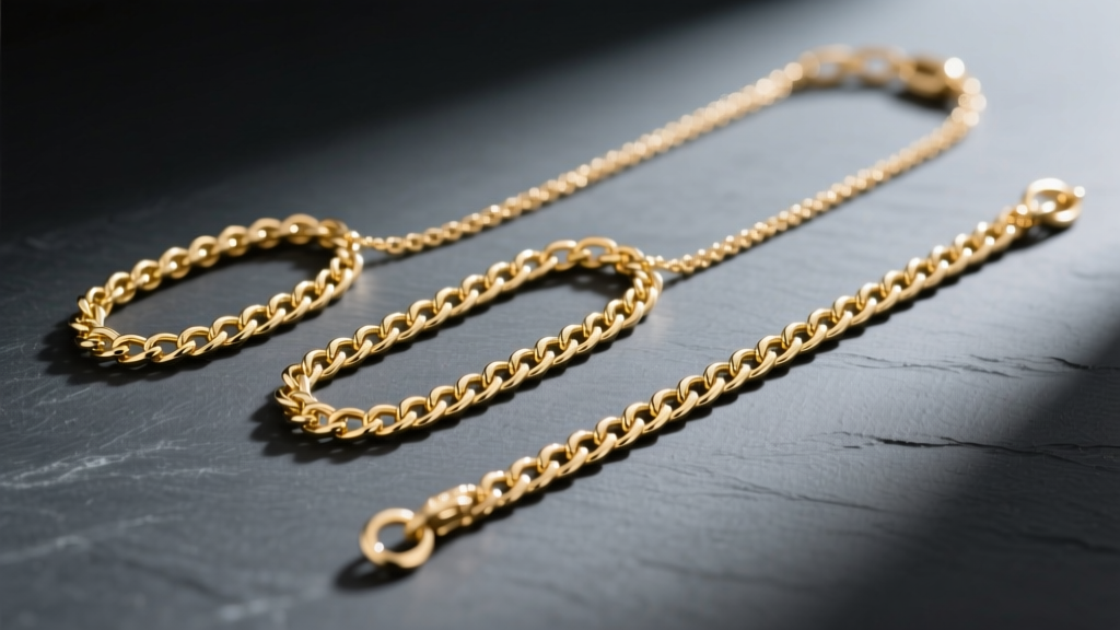 Flat lay diagram showing three gold chains of varying lengths, 18, 20, and 24 inches, neatly arranged on a dark slate background
