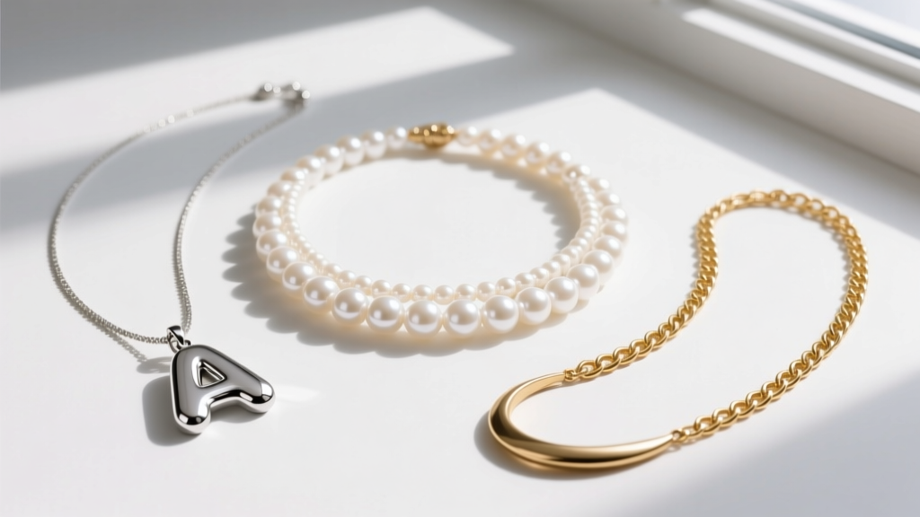 Flat lay of three layered necklaces: a 14-inch pearl choker, a 16-inch bubble letter initial pendant, and an 18-inch gold chain.