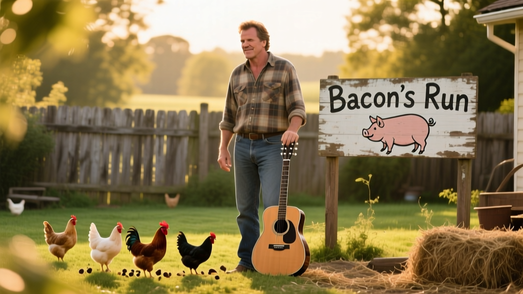 A cozy backyard scene with Kevin Bacon holding a guitar while chickens peck nearby