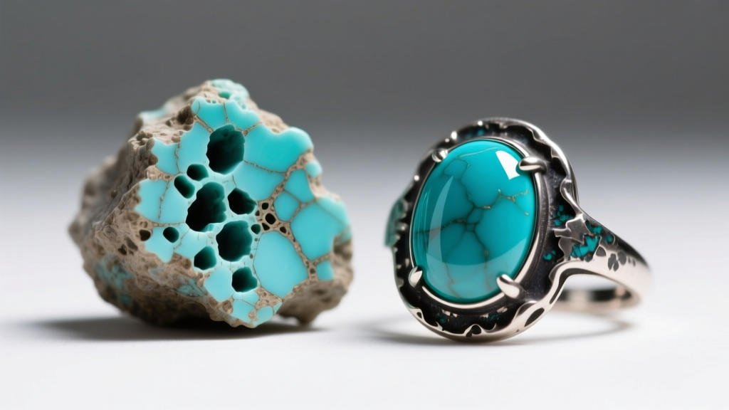 Macro photography comparing raw porous turquoise matrix beside a polished stabilized turquoise cabochon set in oxidized silver