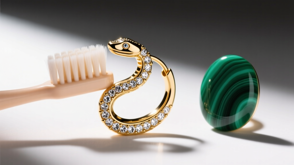Soft baby toothbrush gently cleaning diamond pave on a gold snake earring, carefully avoiding the adjacent green malachite stone.