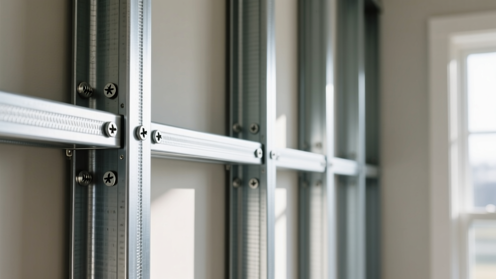 Galvanized light steel framing studs with zinc coating assembled using corrosion-resistant screws inside a residential wall cavity