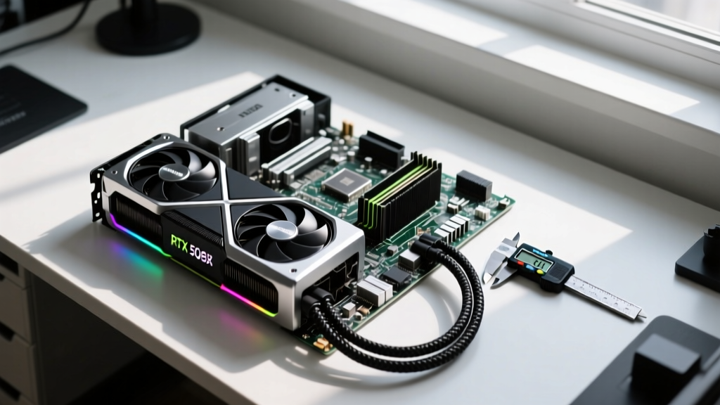 Top-down view of a partially assembled gaming PC on a workbench, featuring an RTX 5080 GPU, braided cables, and digital calipers