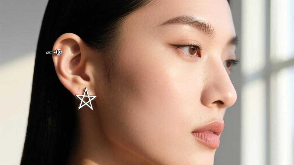 Profile of a model wearing a 16g titanium pentagram cartilage hoop, showing the flat back design on an upper helix ear piercing